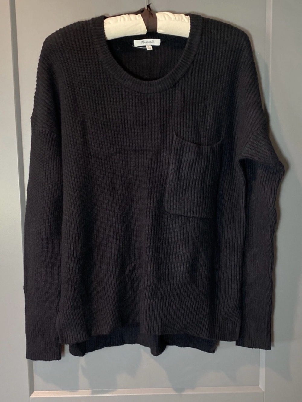 Madewell black Knit Sweater womens Small Cable Ribbed front pocket Cotton